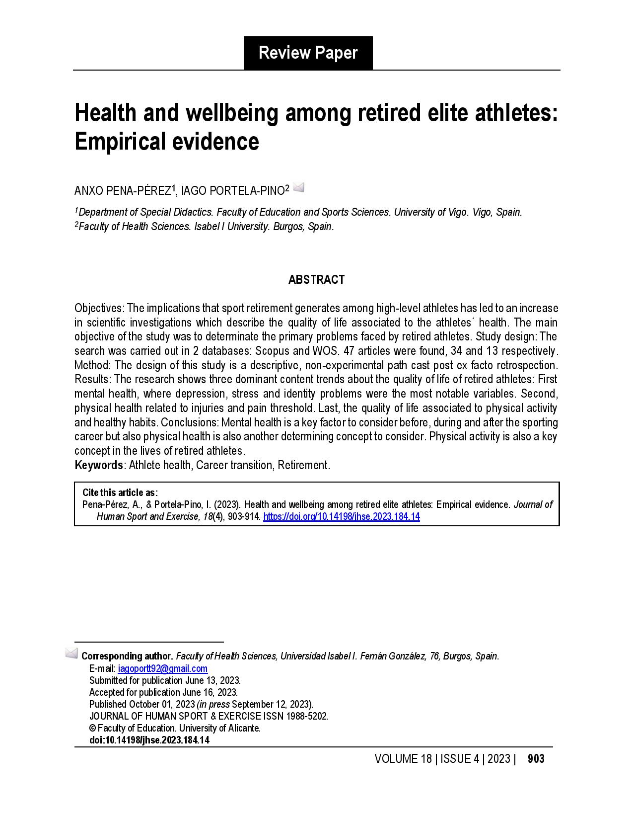 Health and wellbeing among retired elite athletes: Empirical evidence