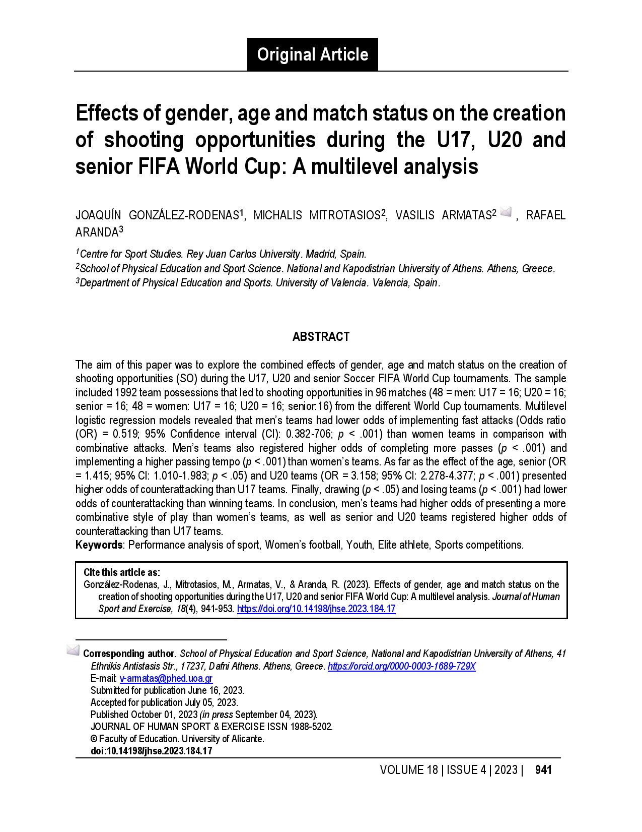 Effects of gender, age and match status on the creation of shooting opportunities during the U17, U20 and senior FIFA World Cup: A multilevel analysis