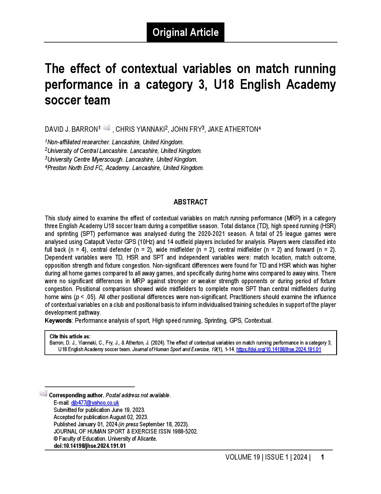 The effect of contextual variables on match running performance in a category 3, U18 English Academy soccer team