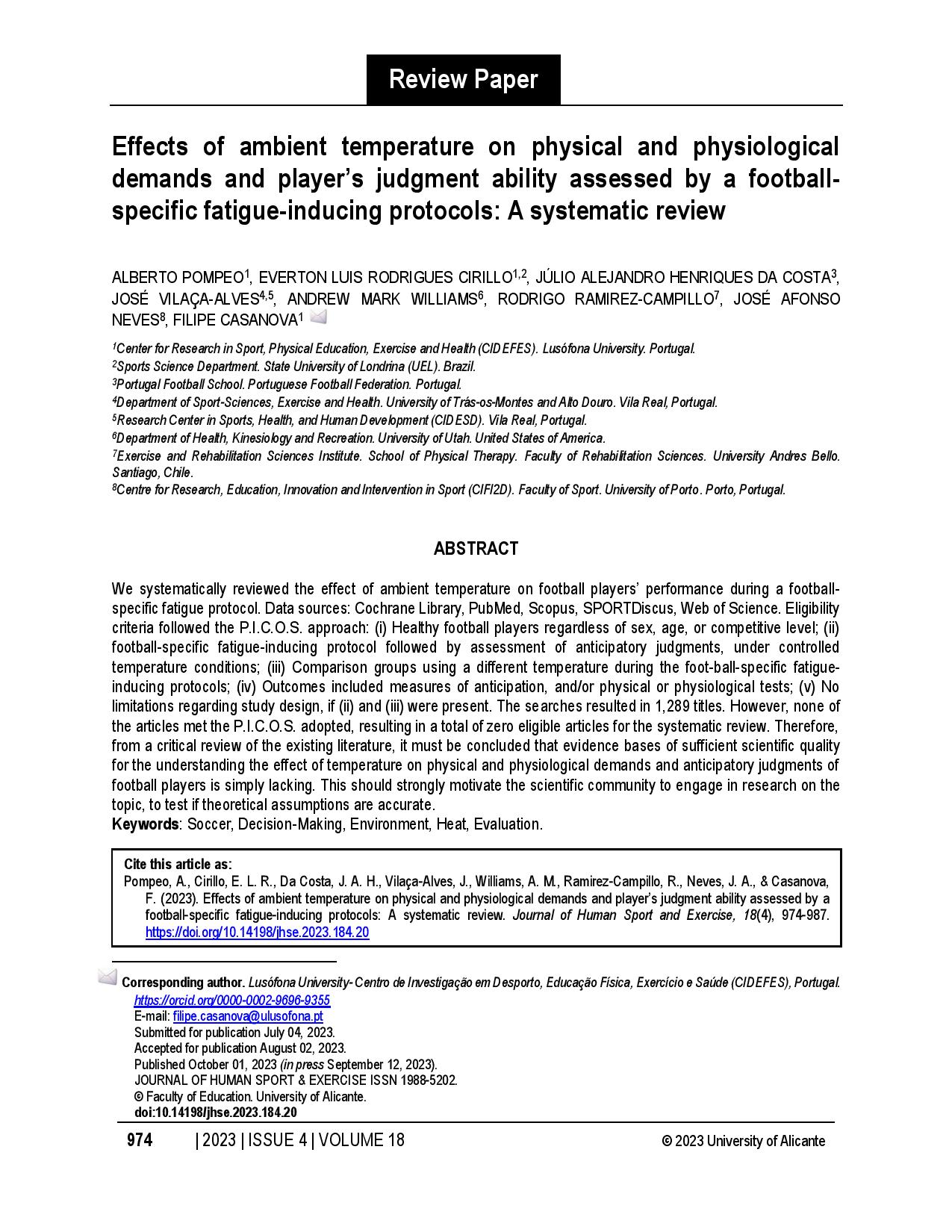 Effects of ambient temperature on physical and physiological demands and player’s judgment ability assessed by a football-specific fatigue-inducing protocols: A systematic review