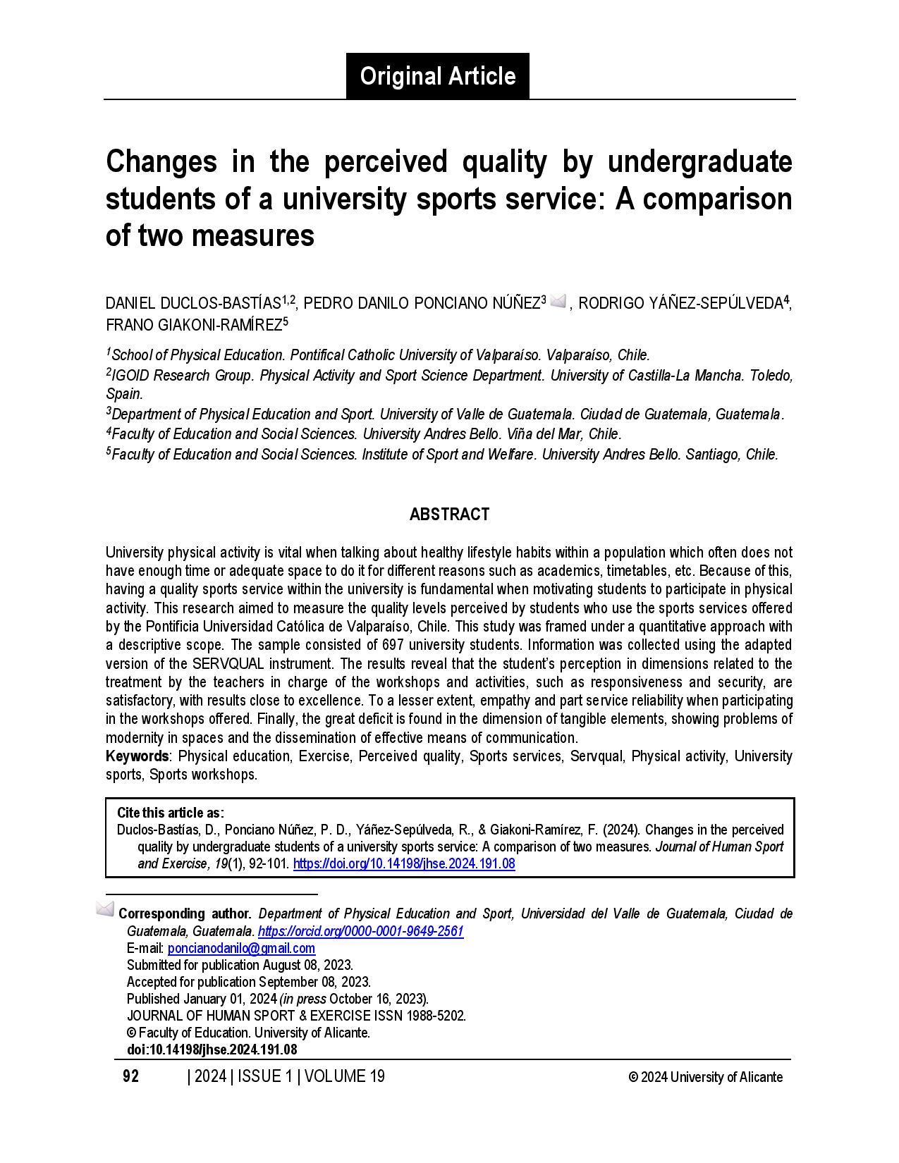 Changes in the perceived quality by undergraduate students of a university sports service: A comparison of two measures
