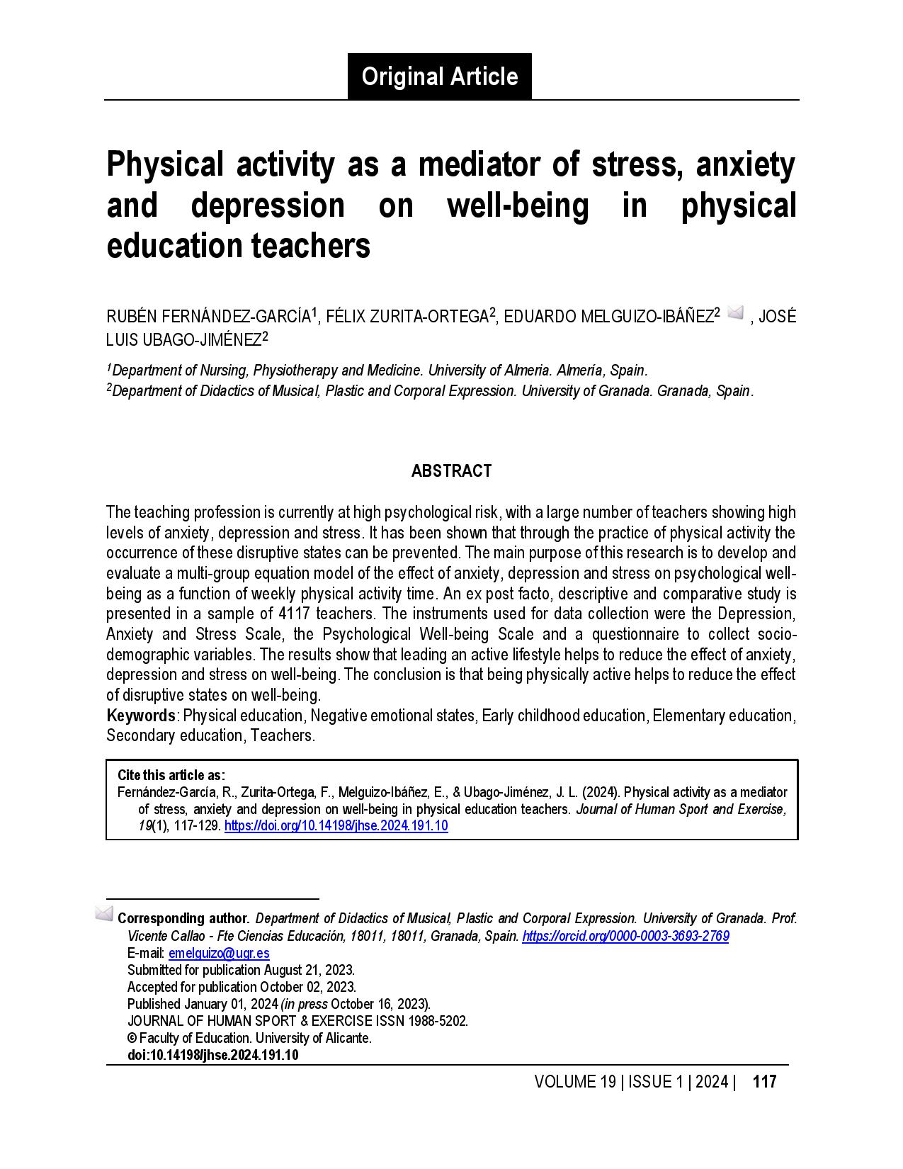 Physical activity as a mediator of stress, anxiety and depression on well-being in physical education teachers
