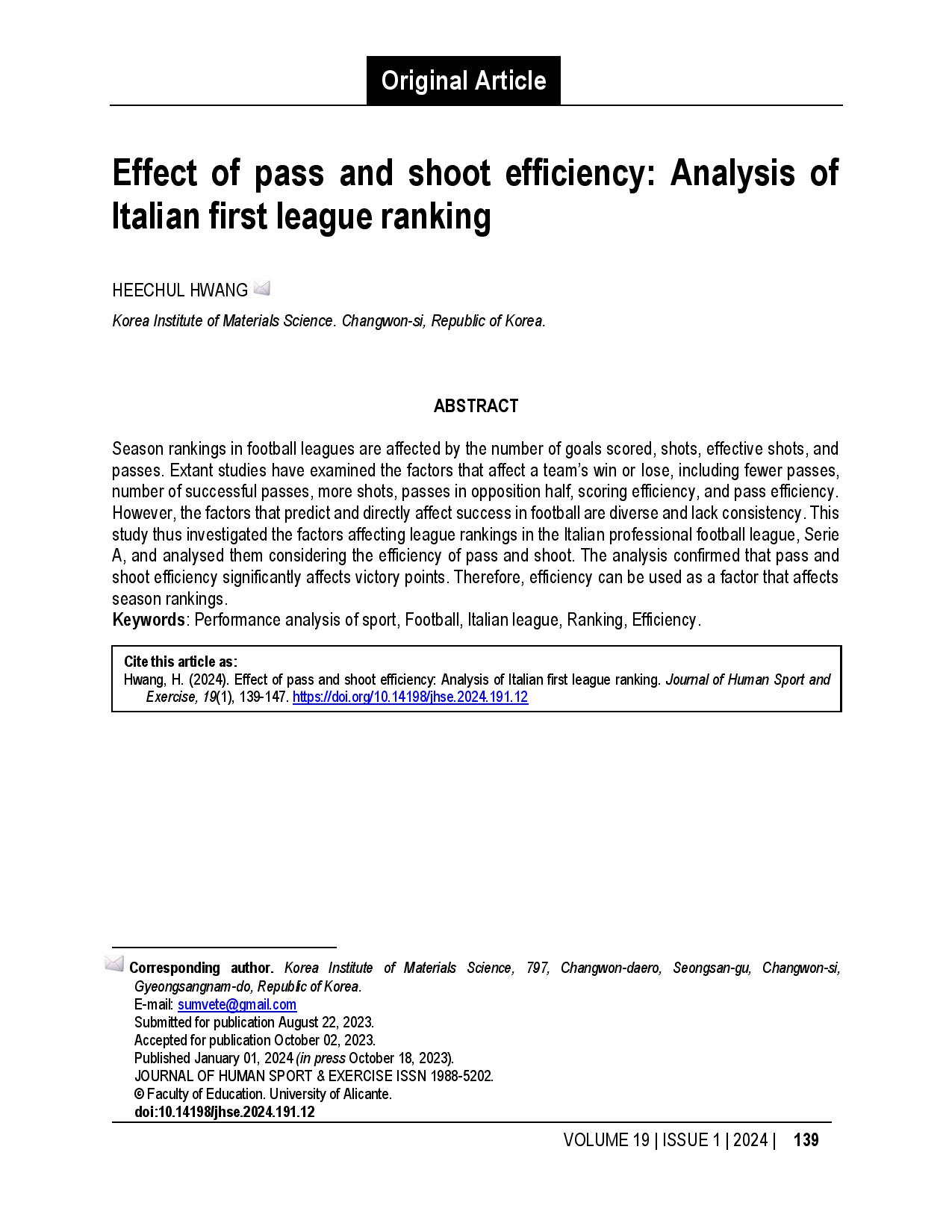 Effect of pass and shoot efficiency: Analysis of Italian first league ranking
