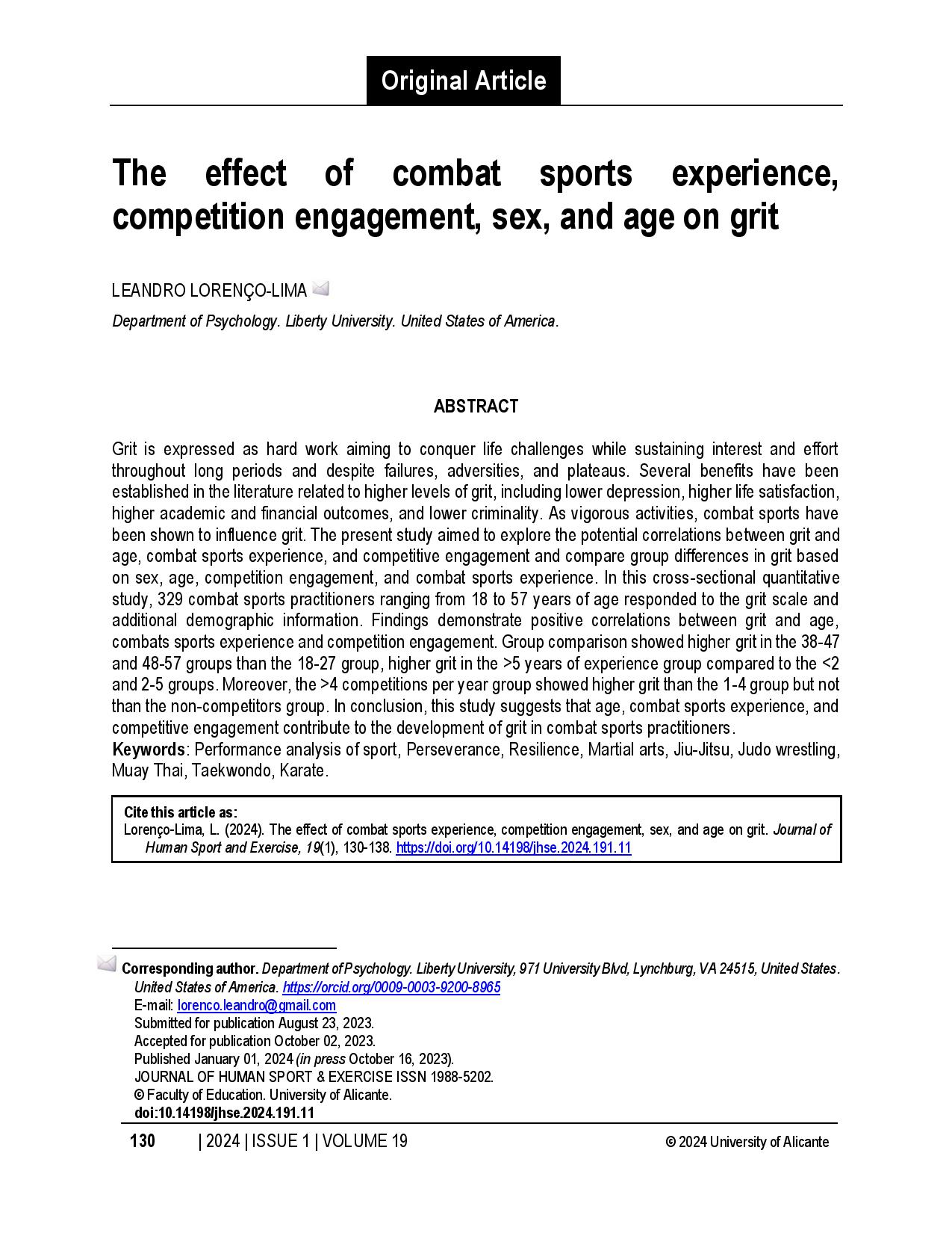 The effect of combat sports experience, competition engagement, sex, and age on grit