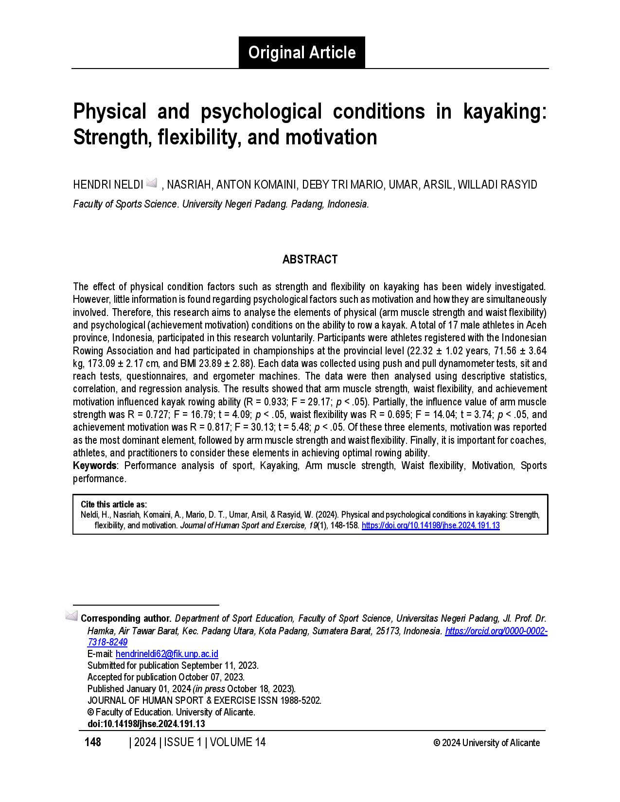 Physical and psychological conditions in kayaking: Strength, flexibility, and motivation
