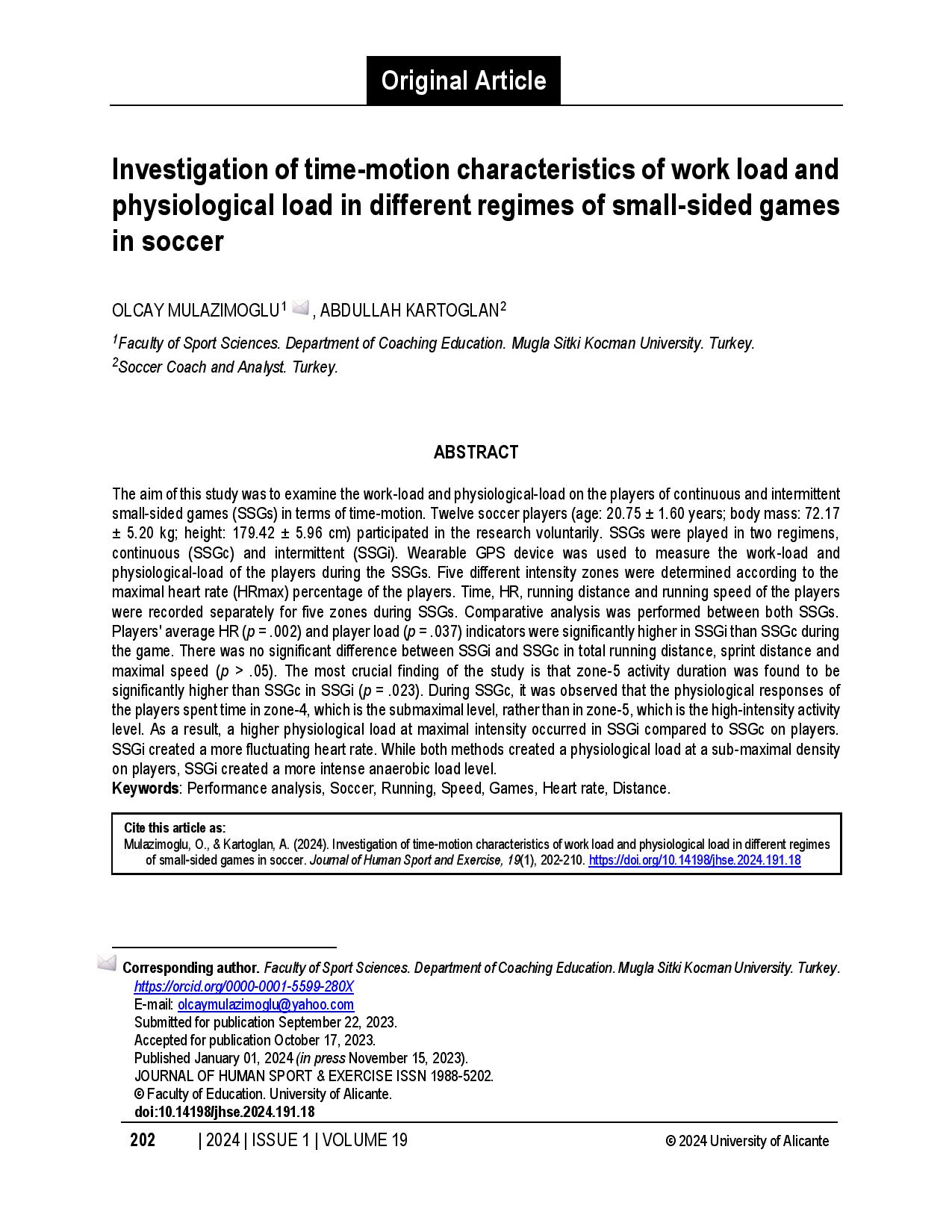 Investigation of time-motion characteristics of work load and physiological load in different regimes of small-sided games in soccer