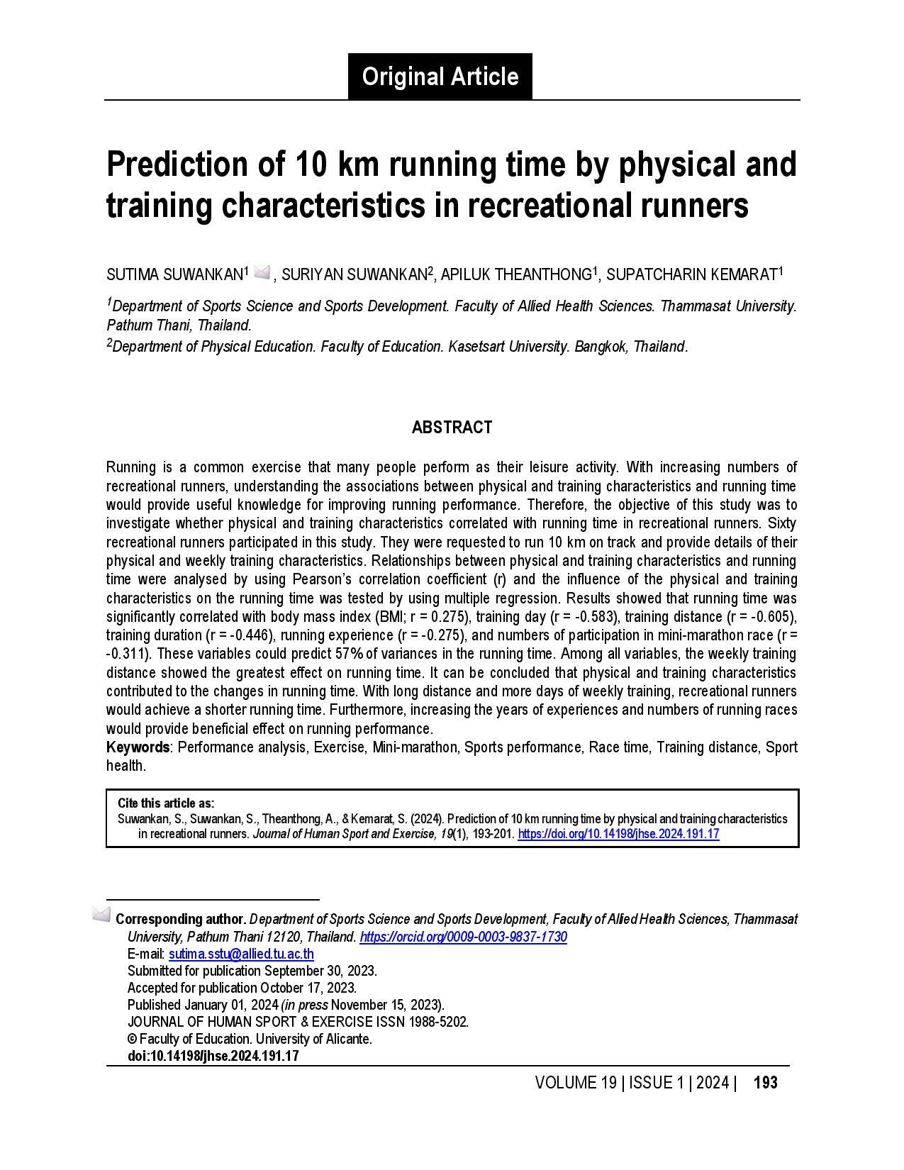 Prediction of 10 km running time by physical and training characteristics in recreational runners