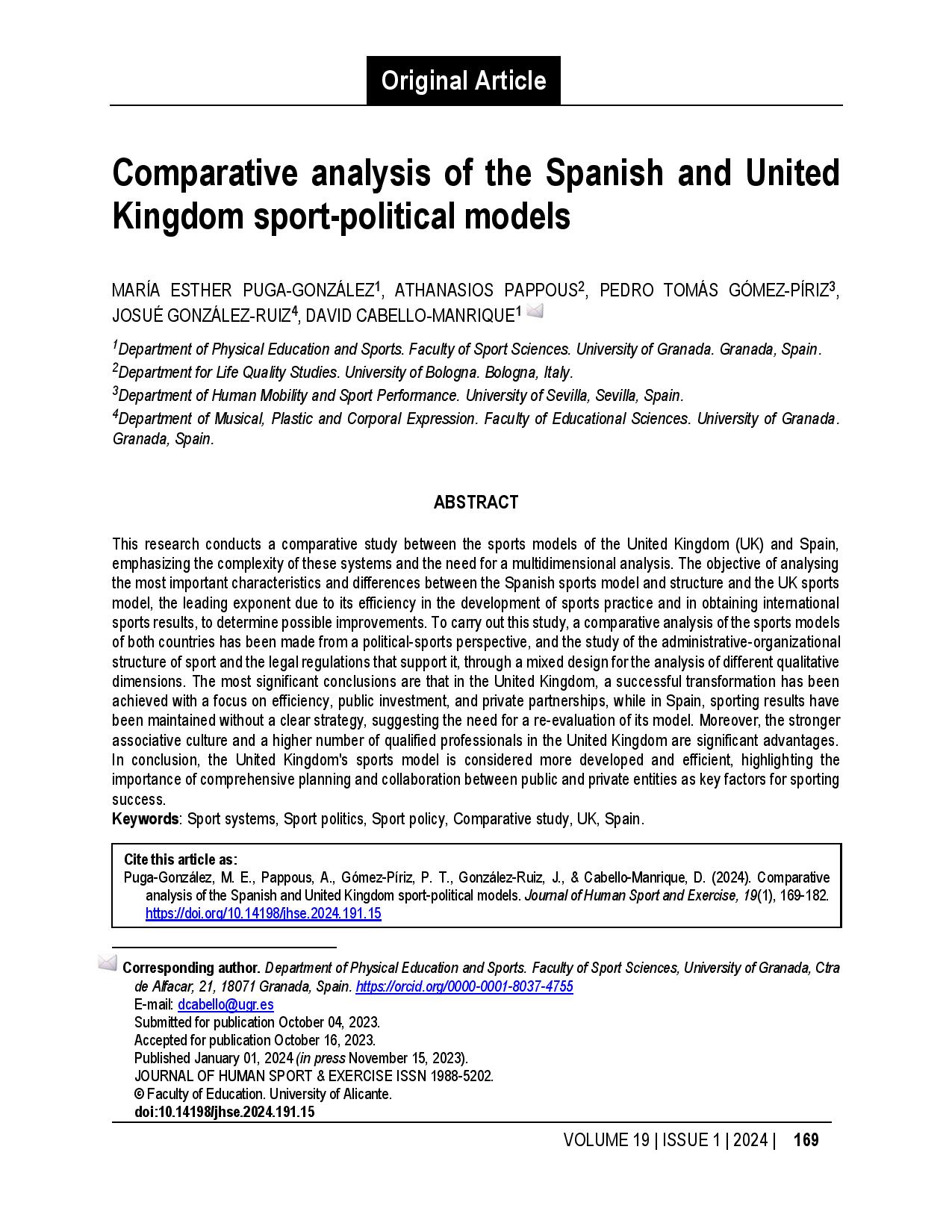Comparative analysis of the Spanish and United Kingdom sport-political models