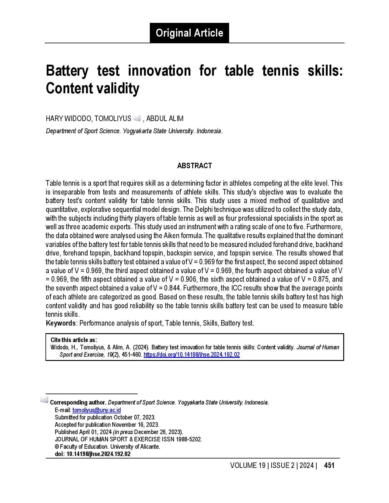 Battery test innovation for table tennis skills: Content validity