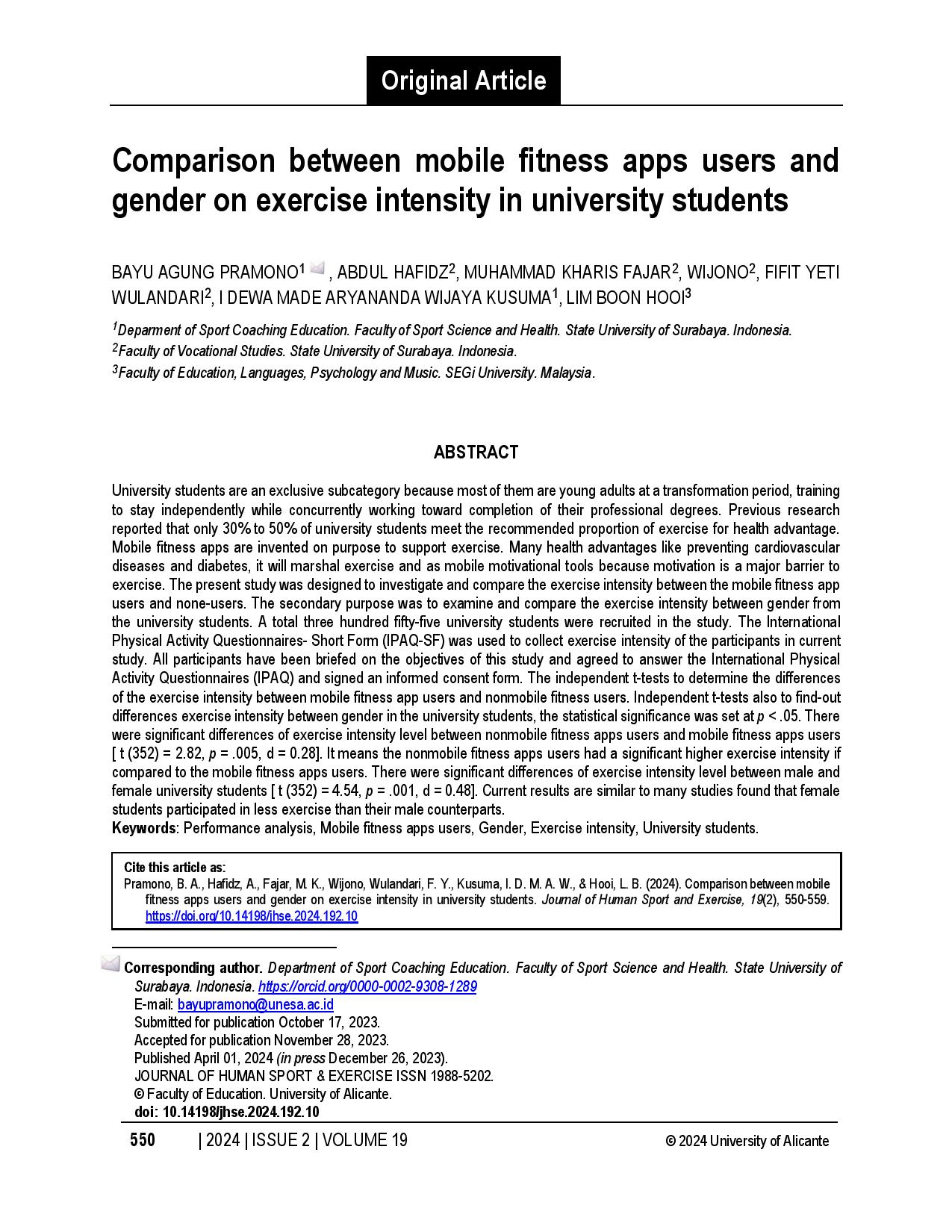 Comparison between mobile fitness apps users and gender on exercise intensity in university students