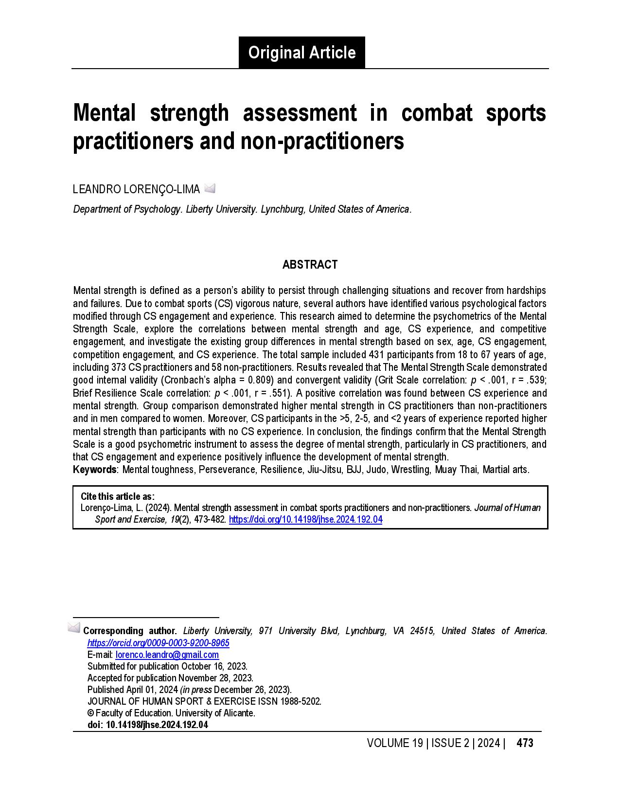 Mental strength assessment in combat sports practitioners and non-practitioners