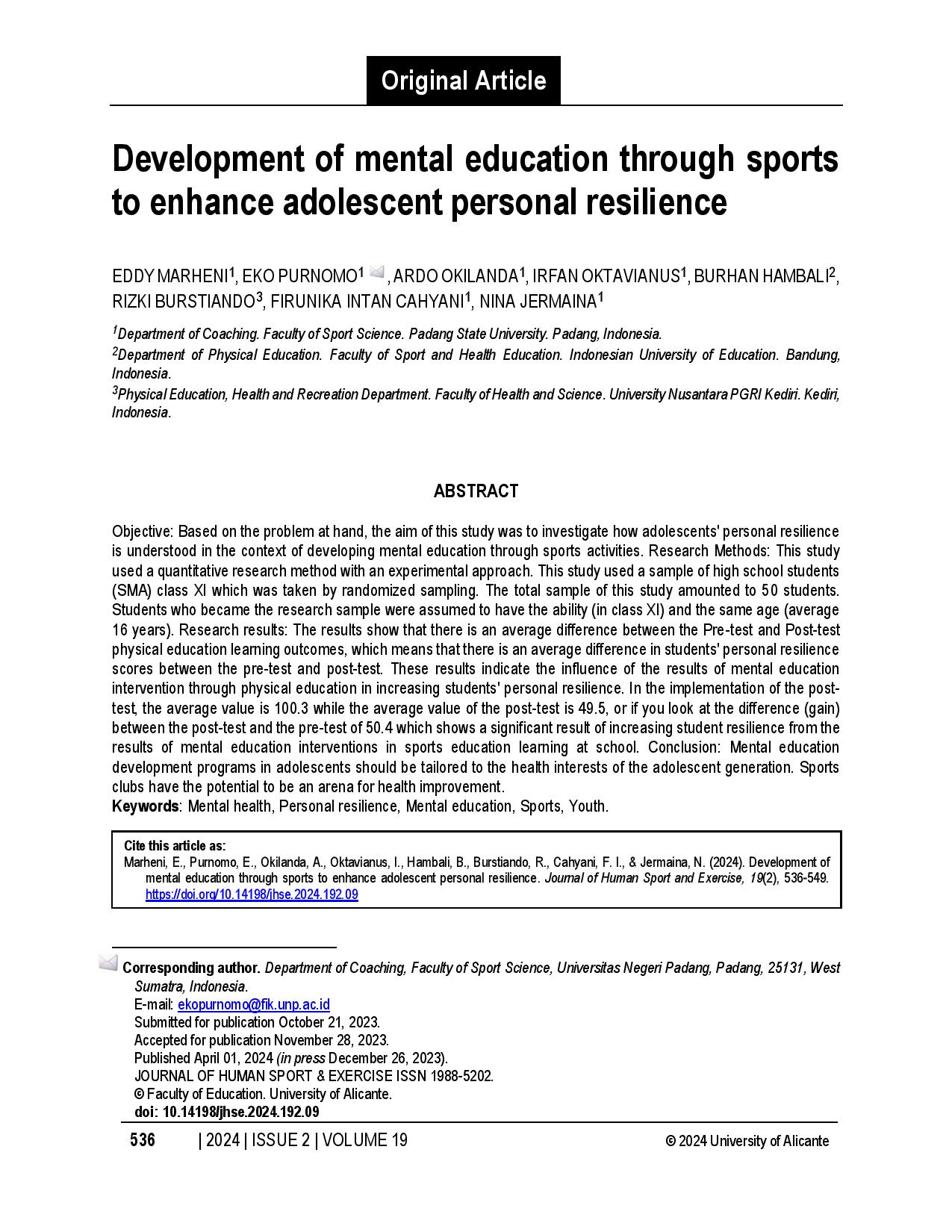 Development of mental education through sports to enhance adolescent personal resilience