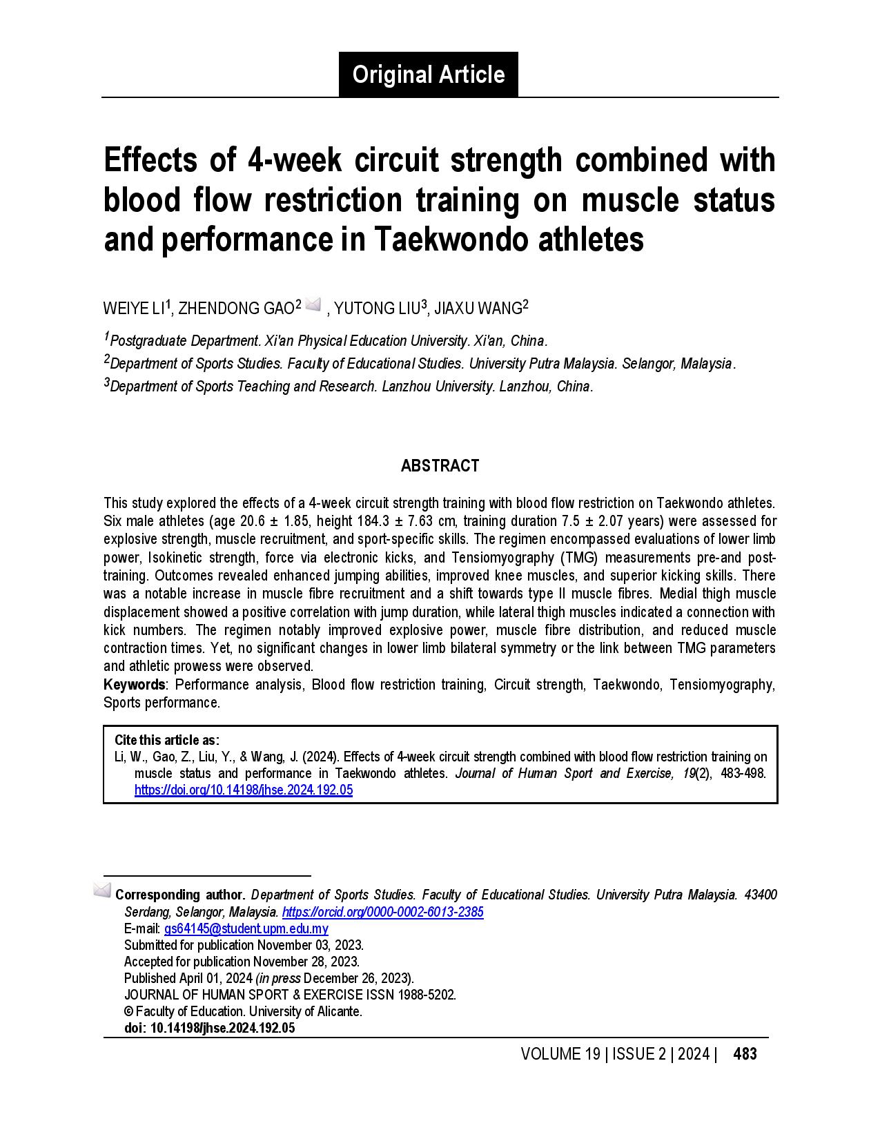 Effects of 4-week circuit strength combined with blood flow restriction training on muscle status and performance in Taekwondo athletes