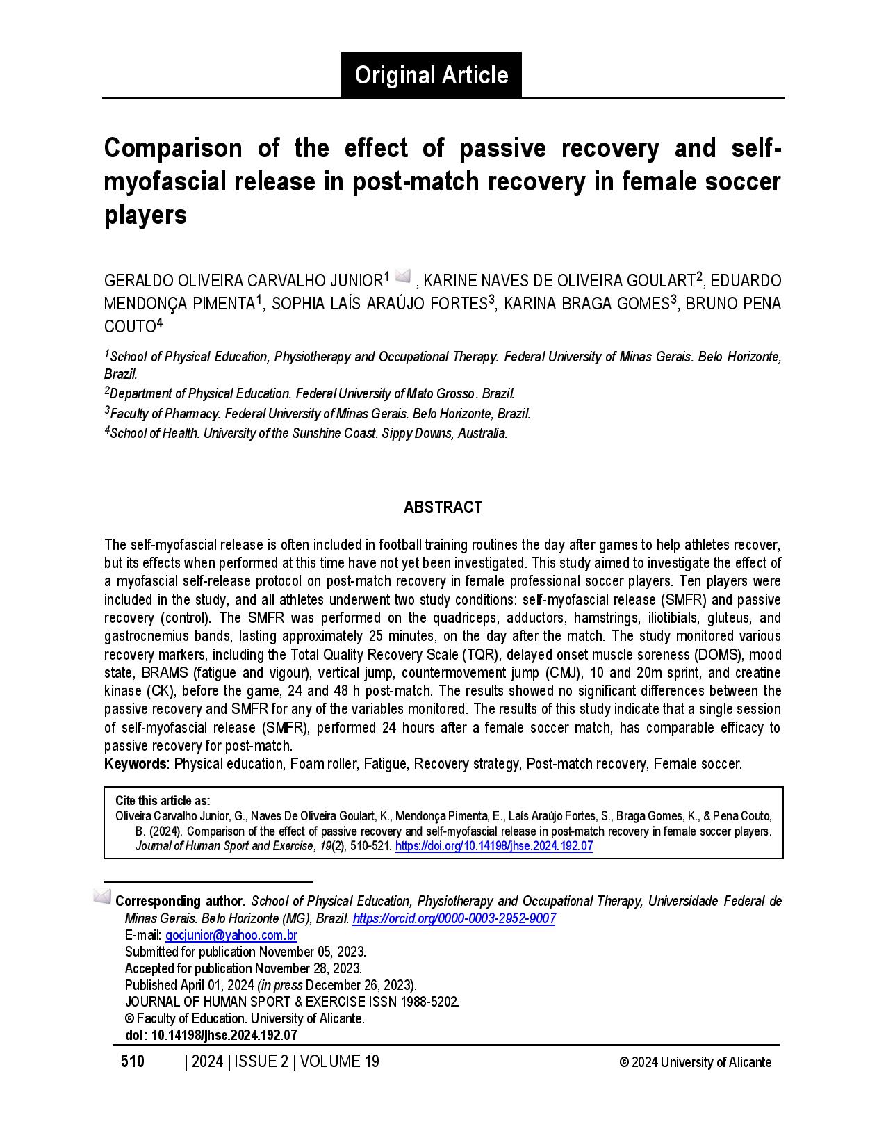 Comparison of the effect of passive recovery and self-myofascial release in post-match recovery in female soccer players