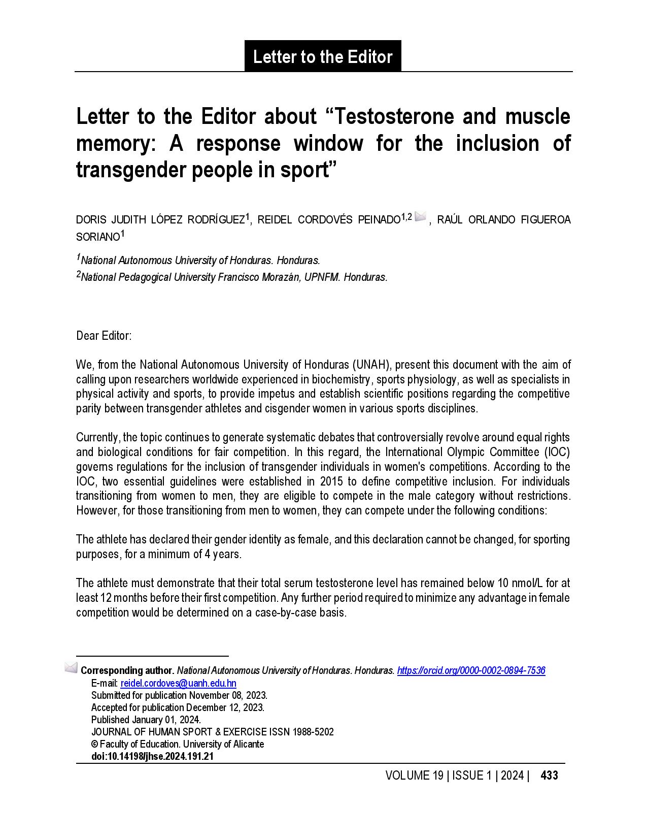 Letter to the Editor about “Testosterone and muscle memory: A response window for the inclusion of transgender people in sport”