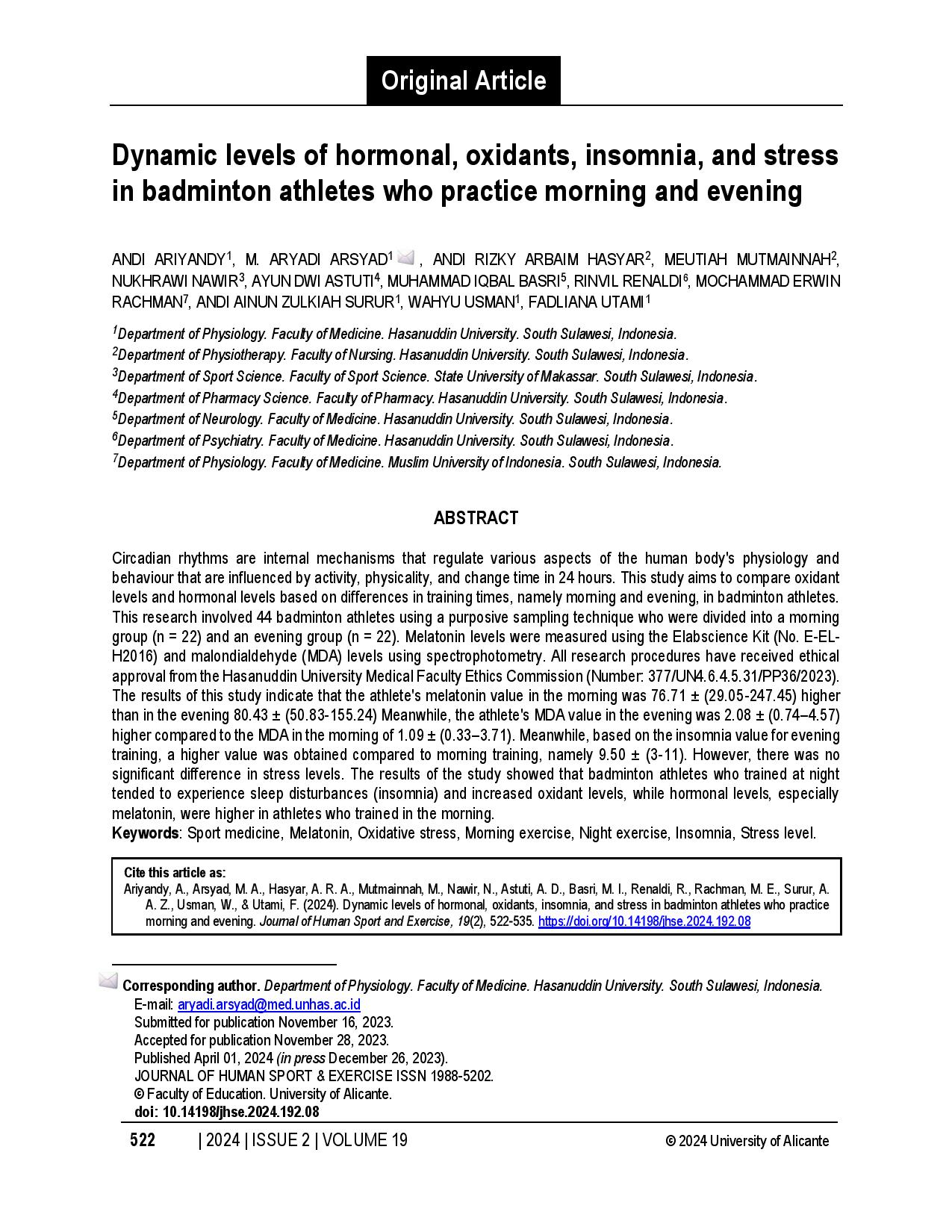 Dynamic levels of hormonal, oxidants, insomnia, and stress in badminton athletes who practice morning and evening