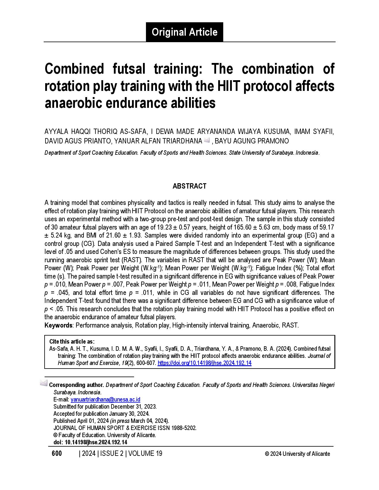 Combined futsal training: The combination of rotation play training with the HIIT protocol affects anaerobic endurance abilities