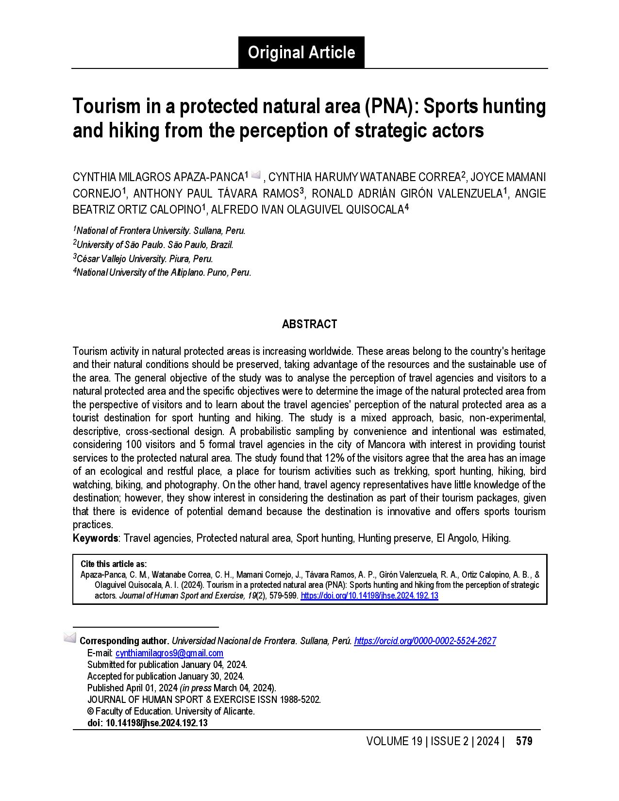 Tourism in a protected natural area (PNA): Sports hunting and hiking from the perception of strategic actors