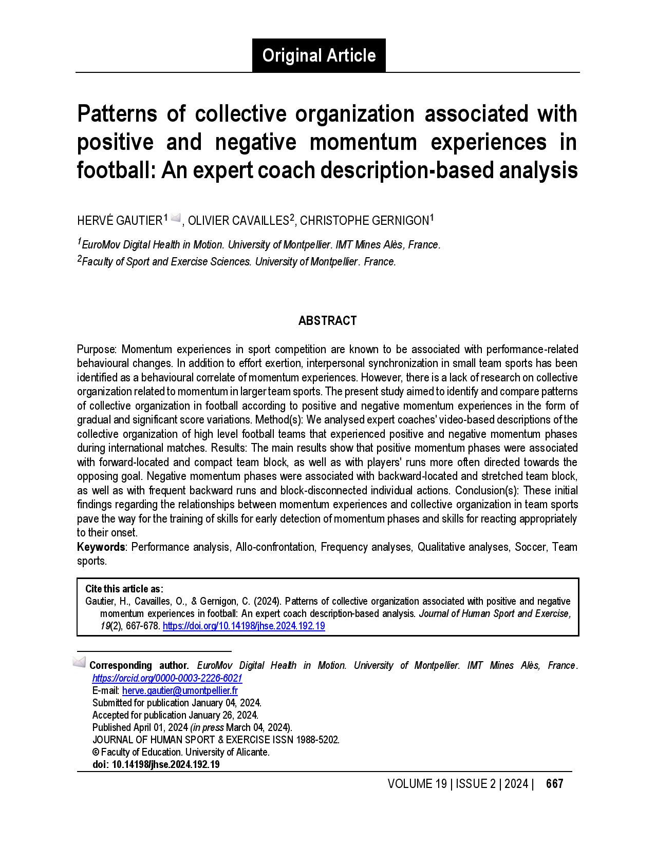 Patterns of collective organization associated with positive and negative momentum experiences in football: An expert coach description-based analysis