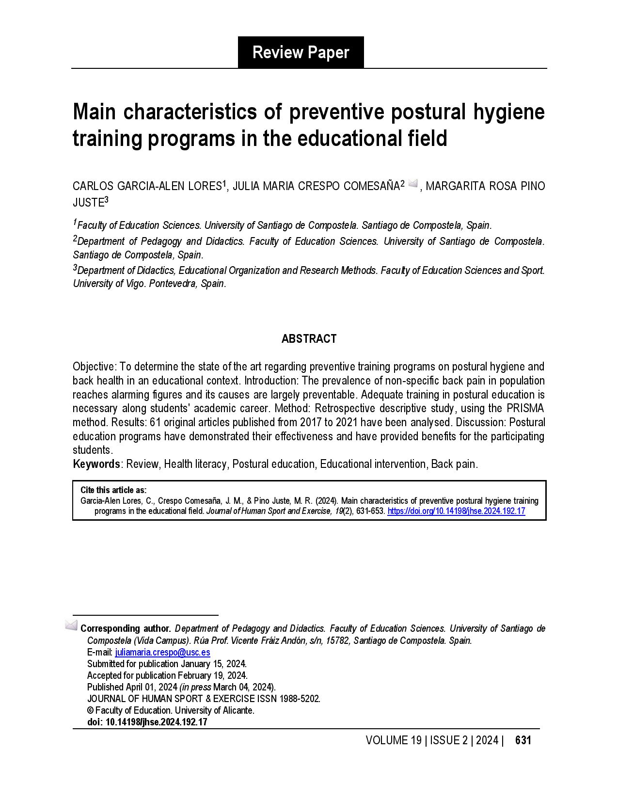 Main characteristics of preventive postural hygiene training programs in the educational field